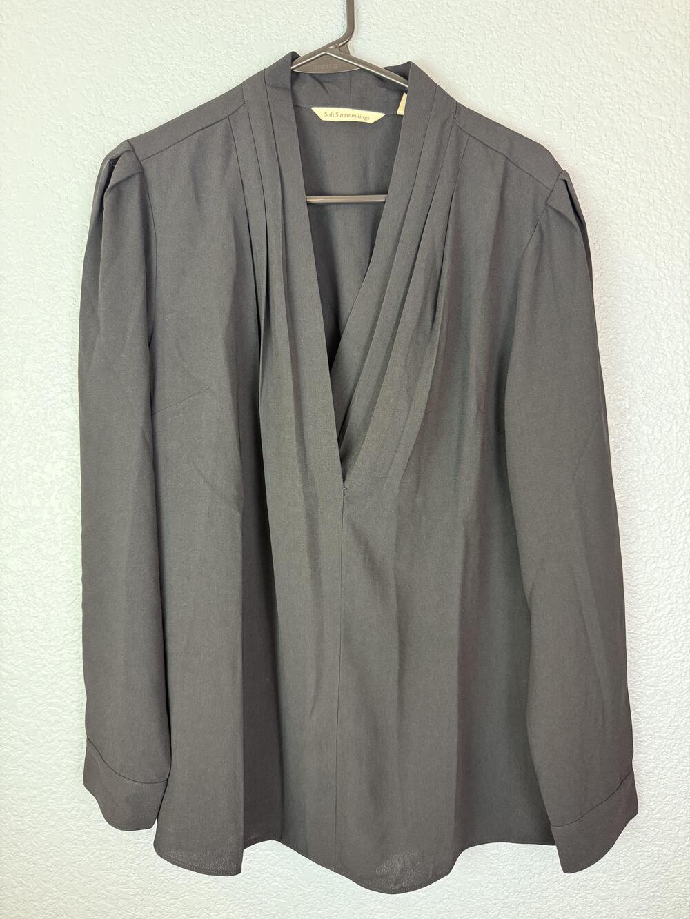 Soft Surroundings Akira Blouse Womens Medium Black Draped V Neck Gold Button Top